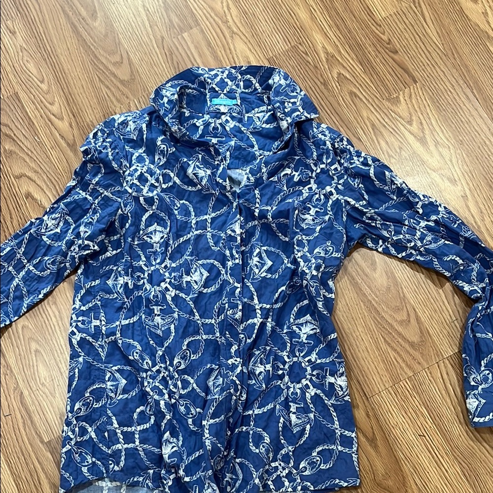 J. McLaughlin Navy and Cream Patterned Shirt